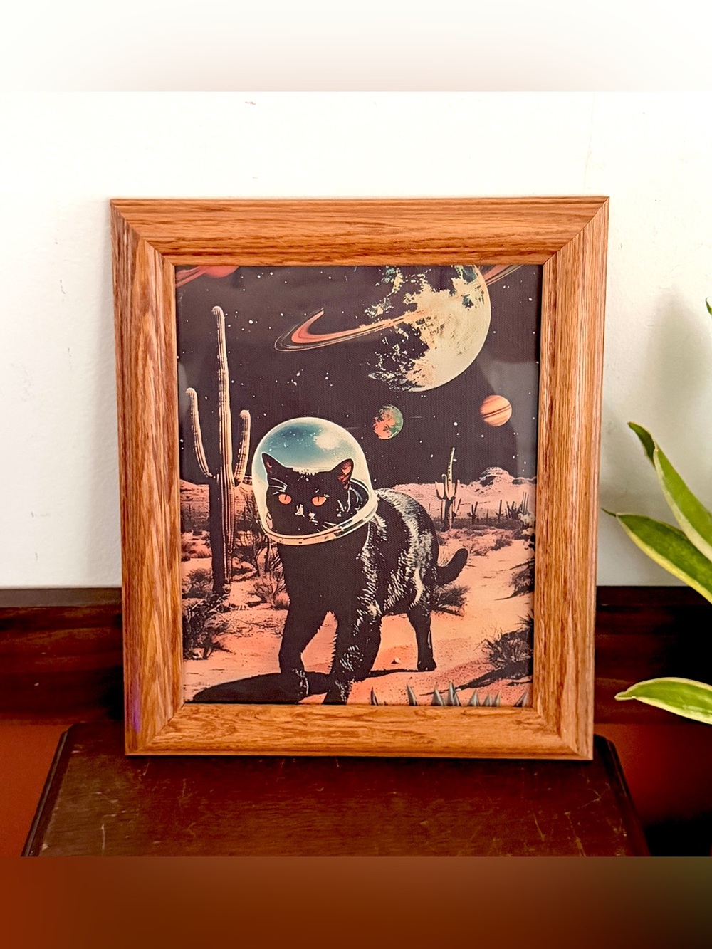Black Astronaut Cat Vintage Style Canvas Print Desert Cactus Wood Framed Art